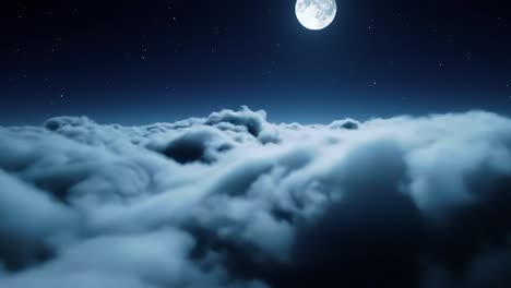 a serene night sky featuring a bright full moon illuminating a sea of fluffy clouds against a starry background, invoking tranquility and wonder above the atmosphere