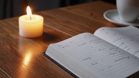 open notebook on a wooden table with coffee cup and candle