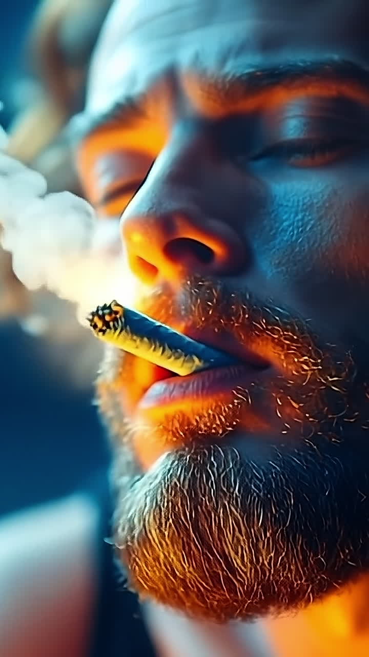 Man enjoying a cigarette in dim light. A man exhales smoke from a cigarette while illuminated by soft, warm lighting, creating a relaxed atmosphere.