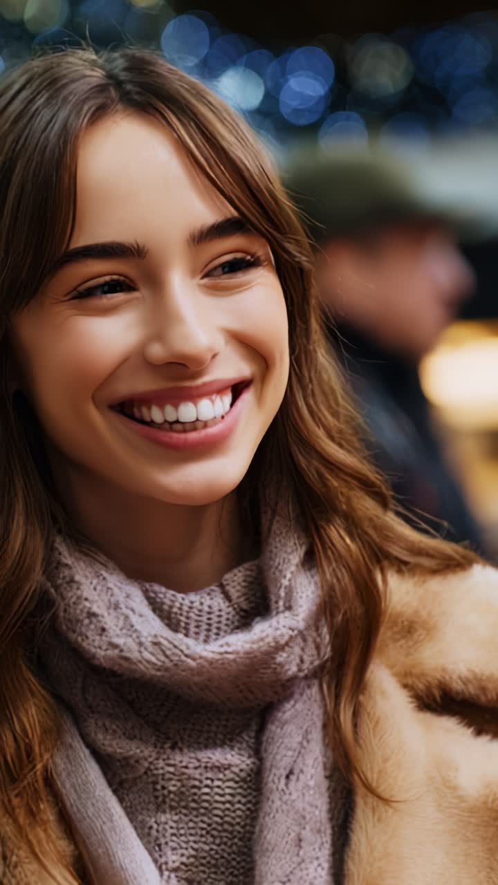 Una joven radiante sonriendo amablemente con un conjunto cómodo, irradiando alegría y encanto, capturada con un fondo de luces suavemente brillantes y un ambiente festivo