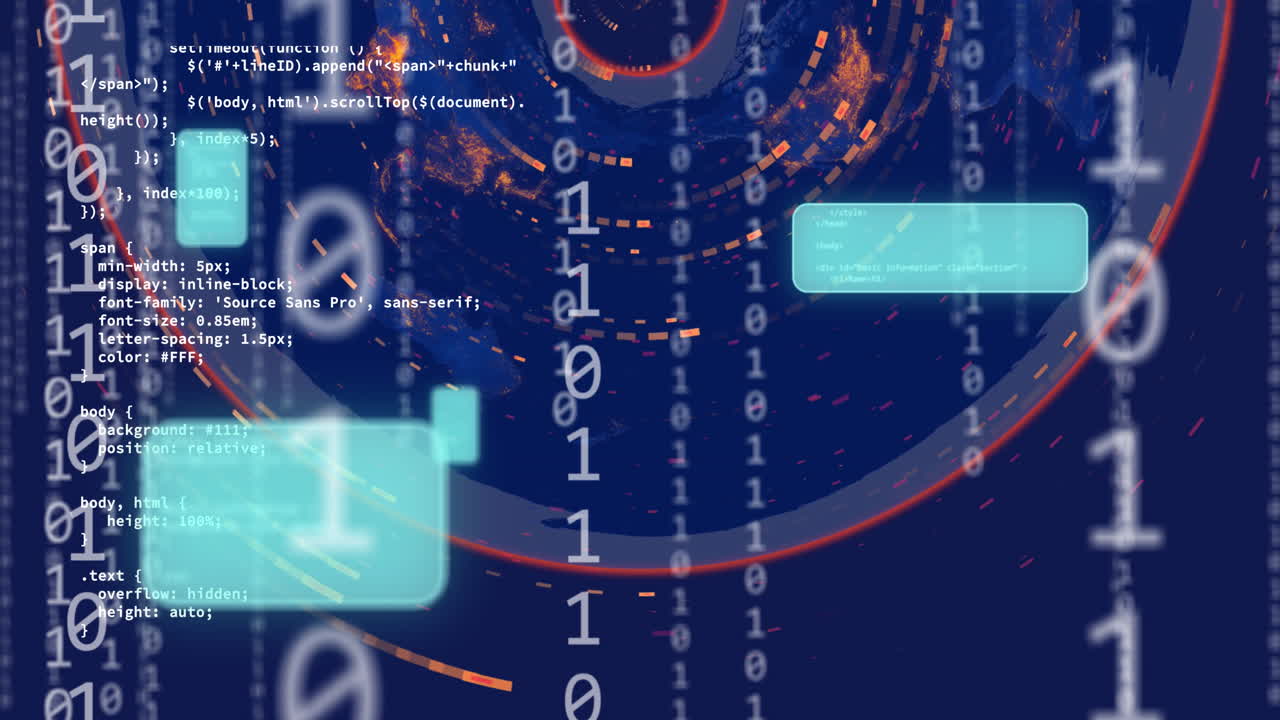 Animation of data processing over world map on blue background