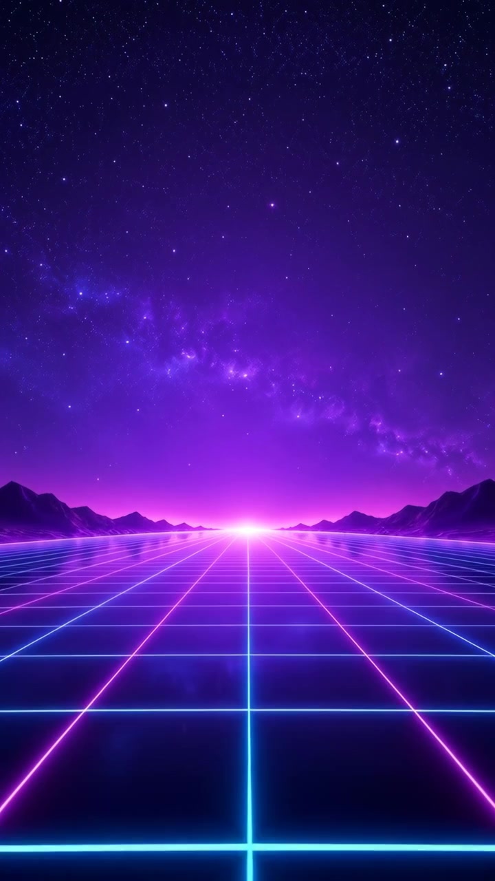 Paesaggio retro-futuristico simmetrico con pavimento a griglia scuro e lucido, linee di luce magenta e ciano che si intersecano, un bagliore centrale luminoso, cielo viola stellato e sagome di montagne distanti