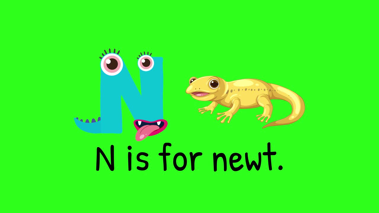 Playful animation of letter 'N' with a newt on a bright green background, emphasizing learning and fun