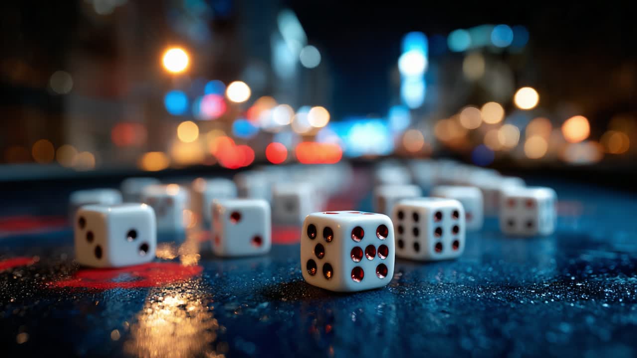 A Captivating Evening Scene with Dice Displayed on a Wet Surface, Illuminated by City Lights, Evoking a Sense of Play and Chance in a Dynamic Urban Environment