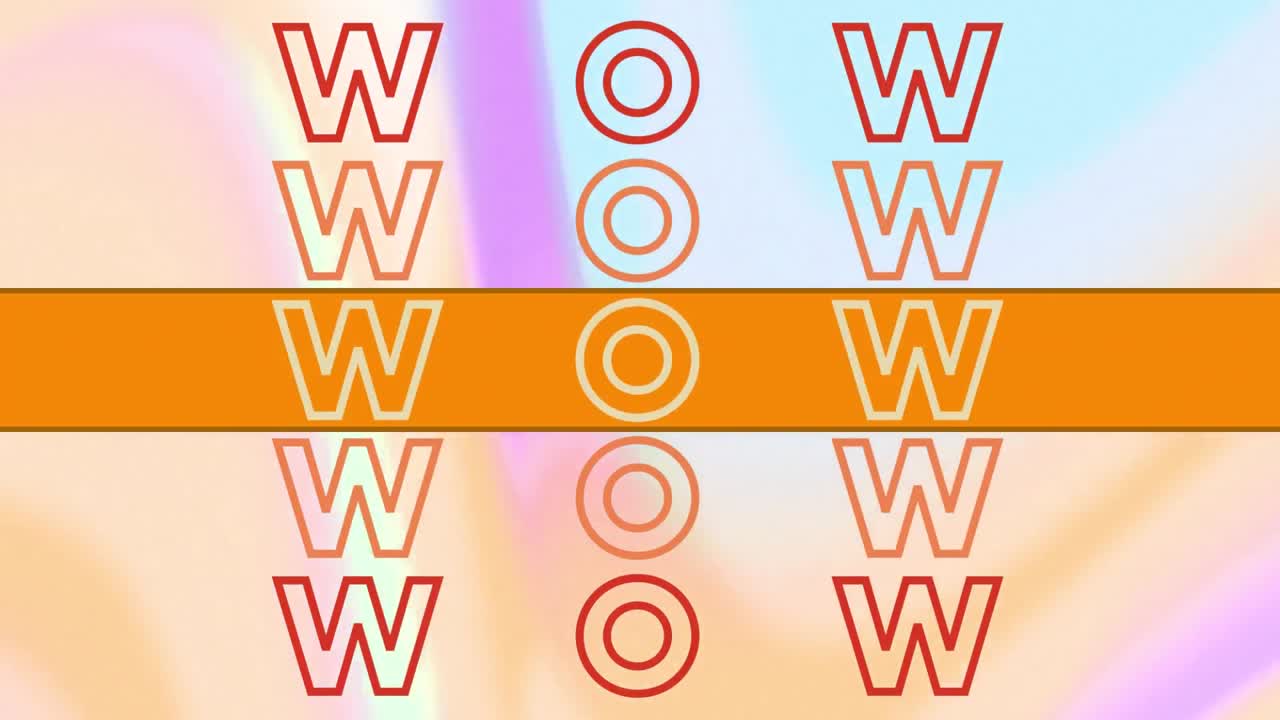 파스텔 배경에 오렌지색 배너와 함께 반복되는 와우 텍스트의 애니메이션