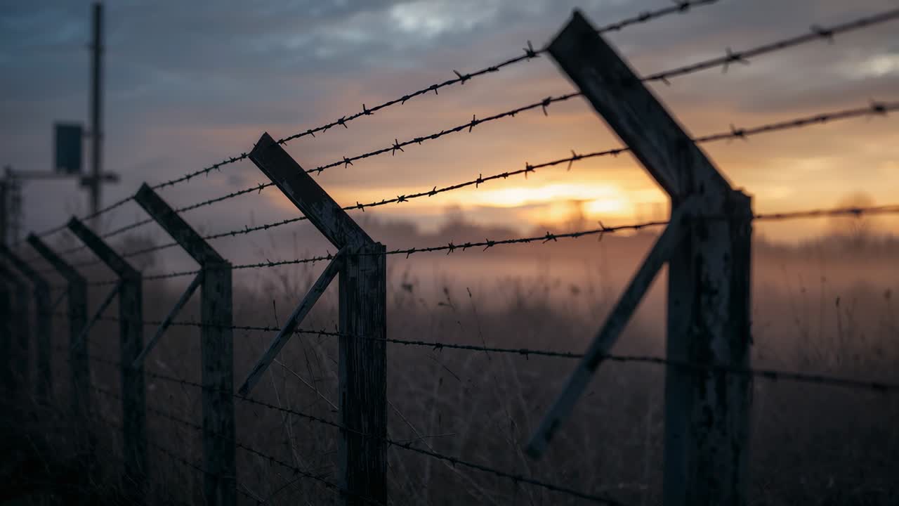 Showing worn wood posts, barbed wire shifting as sun lowering over rural field, with sign