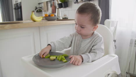 cute baby boy eating clementine and avocado sitting in high chair in the kitchen