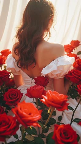 woman in white dress surrounded by red roses