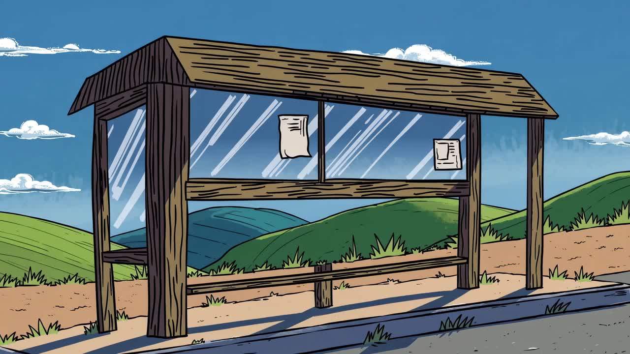 Illustrated bus stop shelter transitions through different angles, showcasing its structure and surroundings in a vibrant outdoor setting with rolling hills