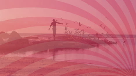 man extending arm on rocky beach, with animated technology overlays mapping seagull flight paths
