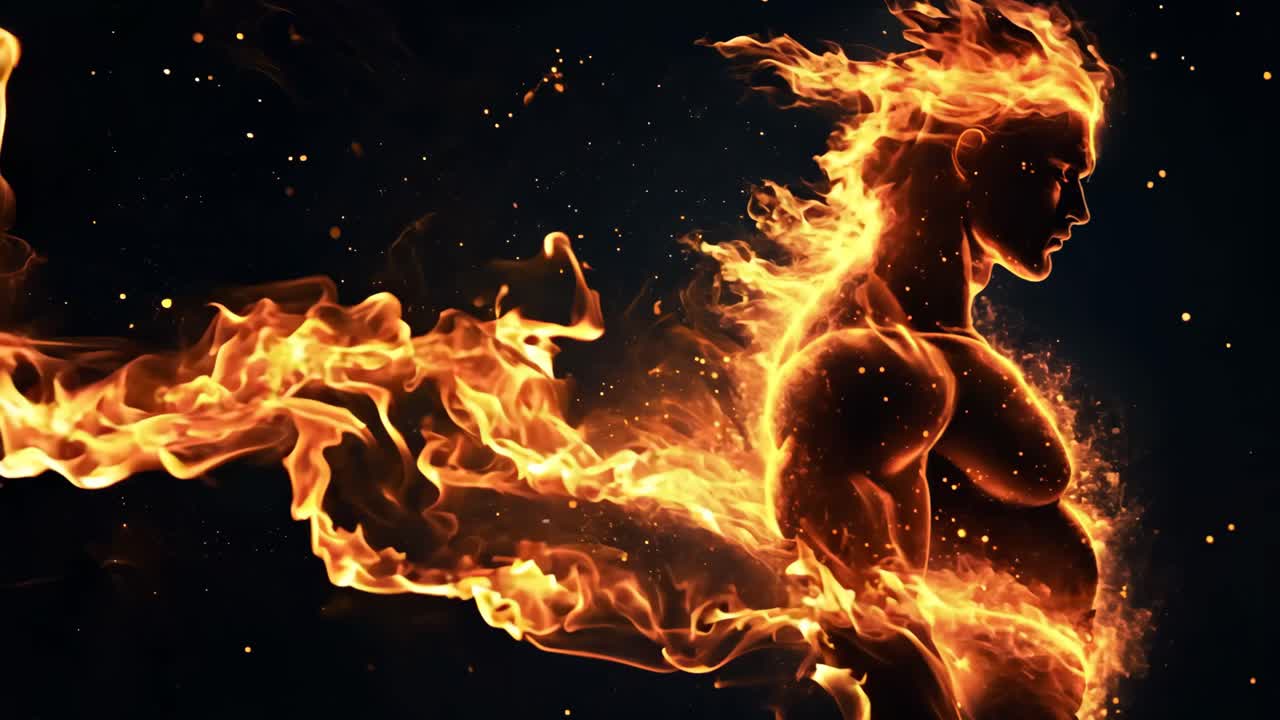 A man with a muscular body is surrounded by fire and smoke. Concept of power and strength, as well as danger and destruction. The flames and smoke create a dramatic and intense atmosphere