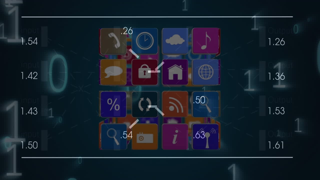 animación del cubo con iconos y procesamiento de datos en fondo negro