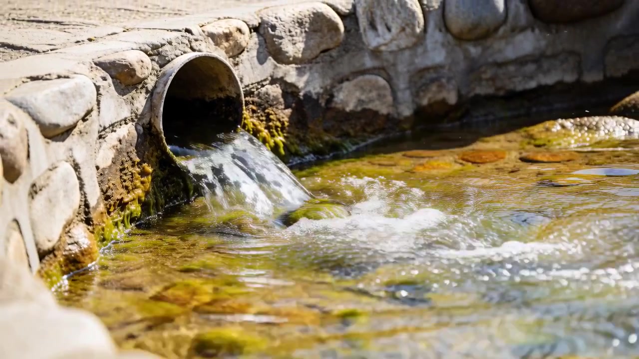 Tubo de saída circular liberando um fluxo constante em um lago de jardim sobre seixos, formando ondulações.