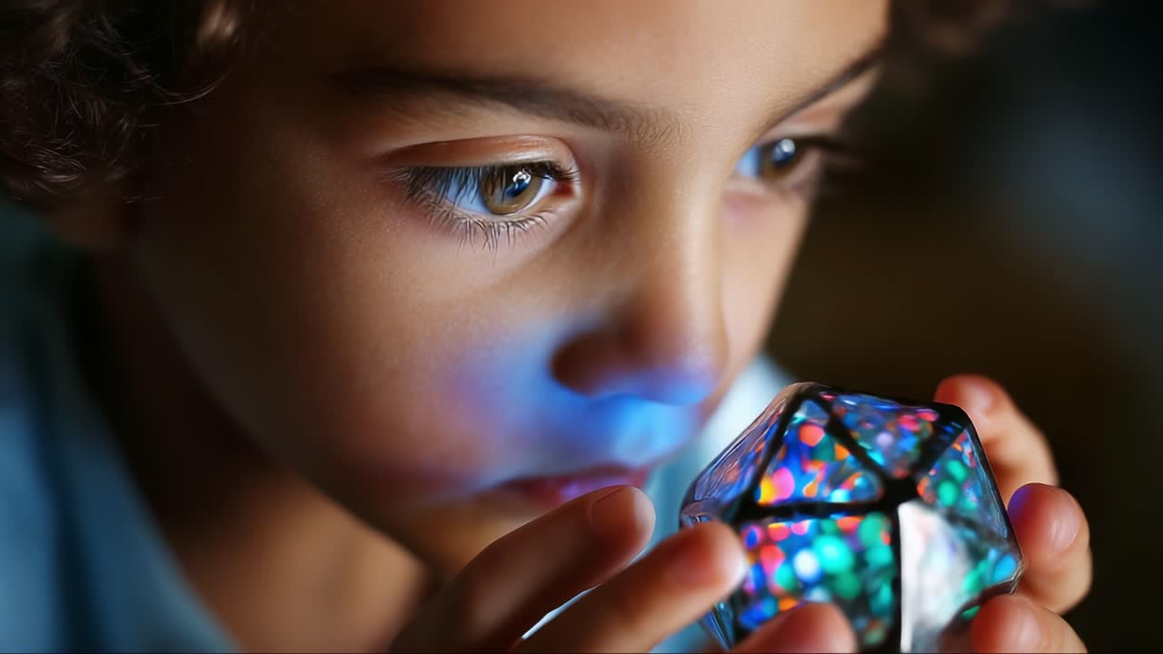 A young child gazes in wonder at a colorful geometric object, captivated by its shimmering light and intricate design, exploring the depths of curiosity and imagination