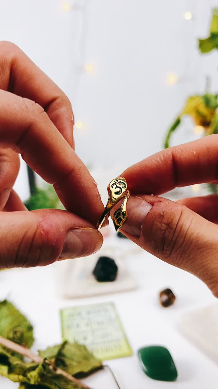 Gold Snake and Om Rings being Held
