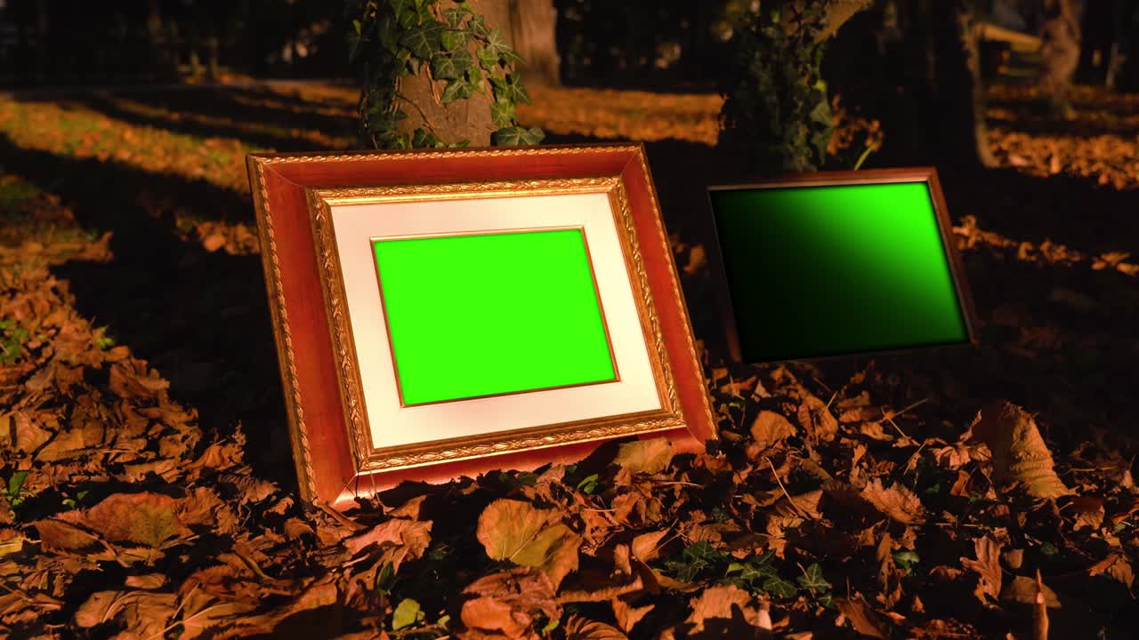 Fotorámečky s prostorem pro design stojící na suchých listech.