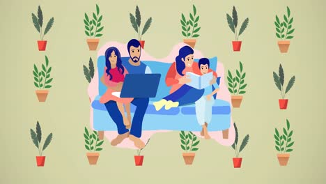animación de una familia feliz abrazándose sobre un fondo verde