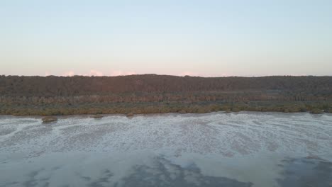 Luftaufnahme-Von-Nassem-Sand-An-Der-Küste-Von-North-Stradbroke-Island-Mit-Dichten-Bäumen-Und-Vegetation-Im-Hintergrund