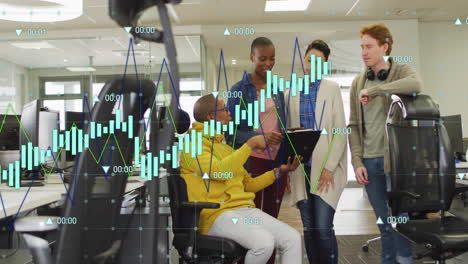 animación del procesamiento de datos financieros sobre diversos colegas que se reúnen en la oficina