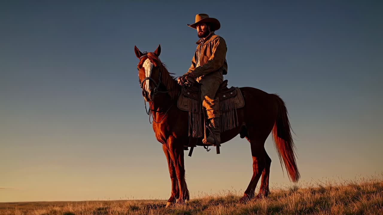 Um caubói a cavalo ao pôr do sol, filmado de um ângulo baixo. O vídeo transmite uma sensação robusta, com um clima de faroeste