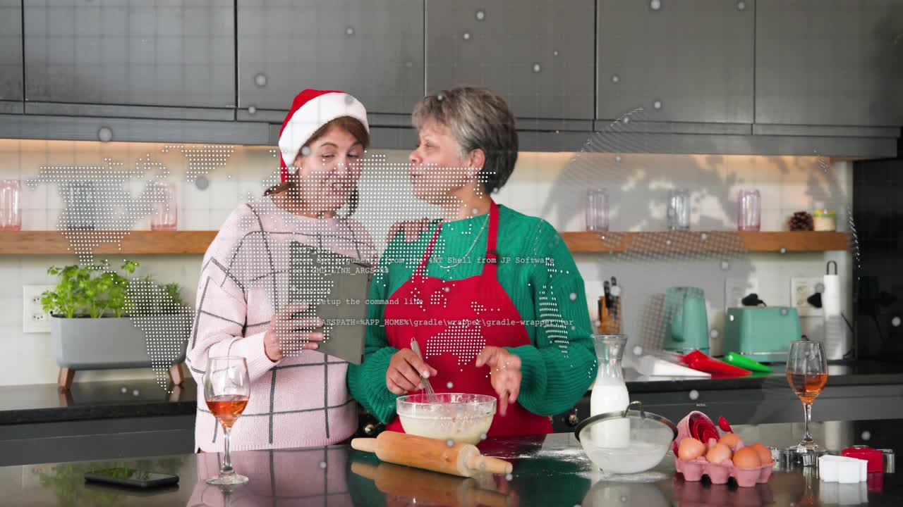 Two women using tablet, mixing batter, pouring milk in kitchen, dotted map overlay across frame