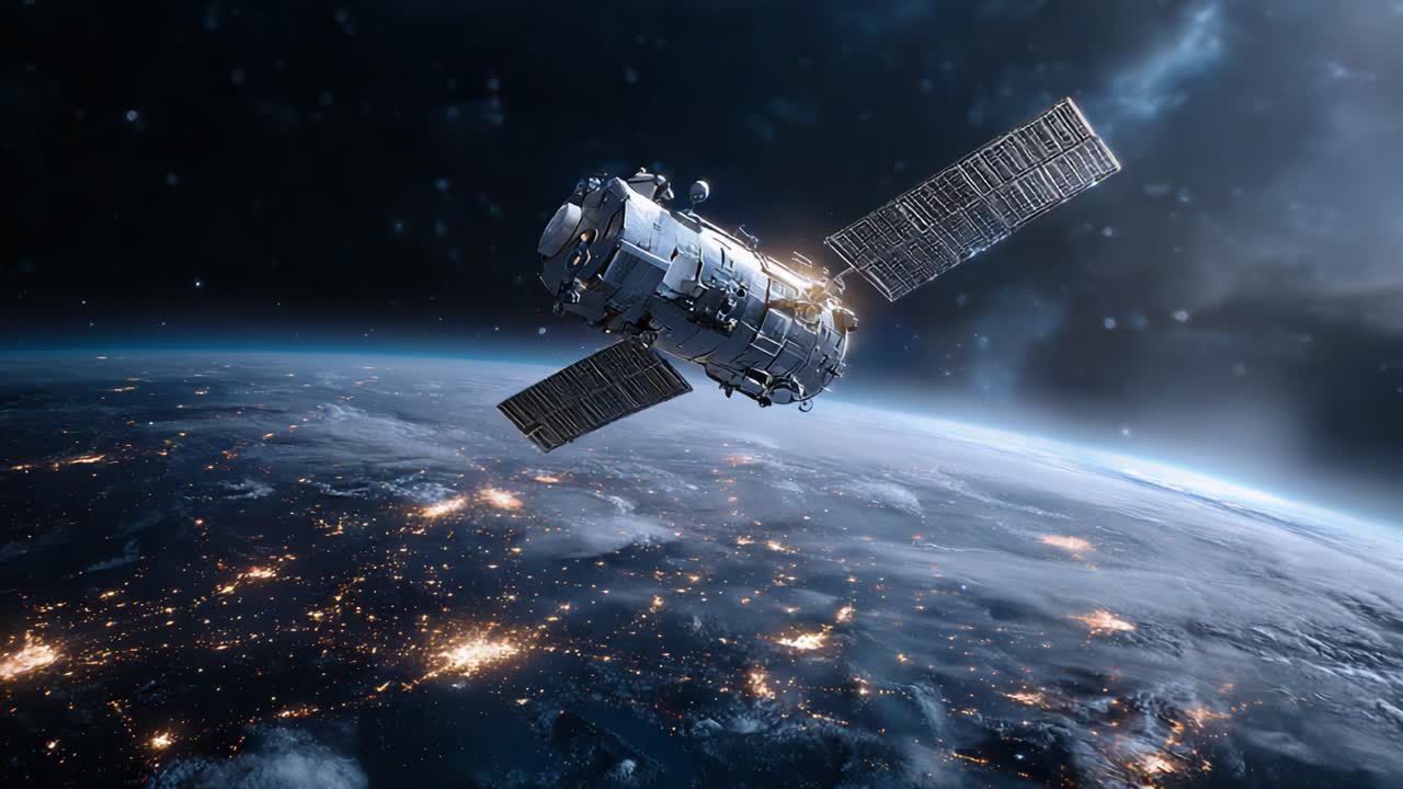 A Stunning Spacecraft Orbiting Earth: Captured in Stunning Detail, This Image Highlights the Advanced Technology of a Satellite in Low Earth Orbit Against a Celestial Backdrop