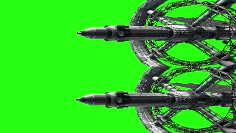 mission to space. vertical anamorphic stereo pair, 3d animation of great spaceship on green screen, chroma key