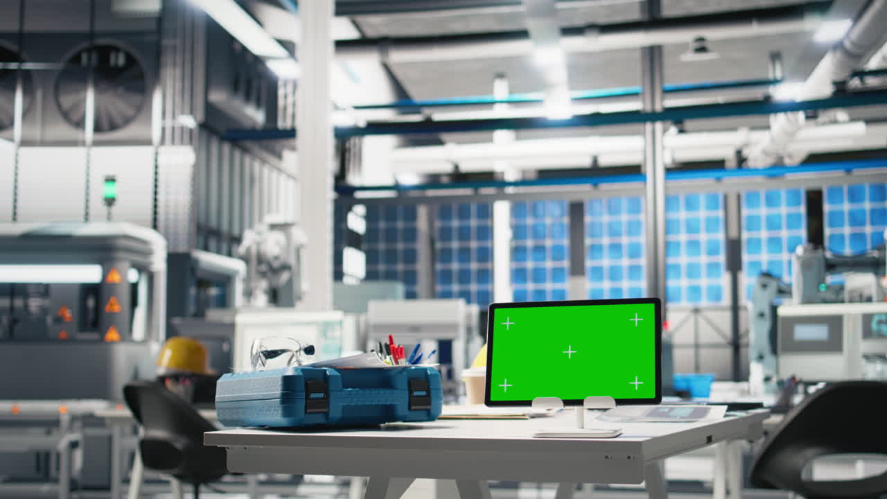 Factory workshop with tablet and tools