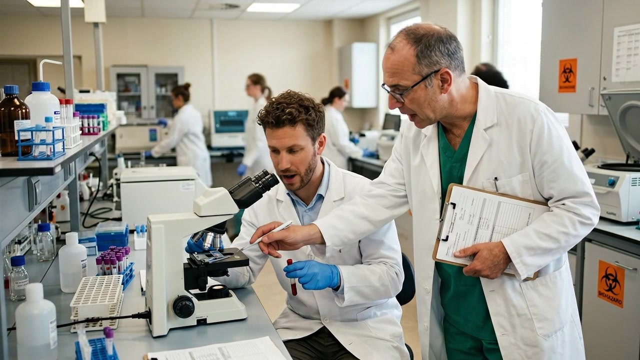 Scientists Collaborating and Using Microscope in Modern Laboratory