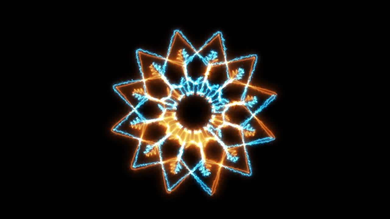 color de fuego caliente y color eléctrico frío se mueven para crear símbolo abstracto con girar y desvanecerse lentamente en el final