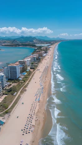A beautiful beach with a clear blue ocean and a mountain range in the background