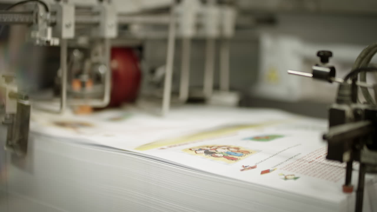 Close up of a printing machine, printed paper traveling from the pile of paper away on the side