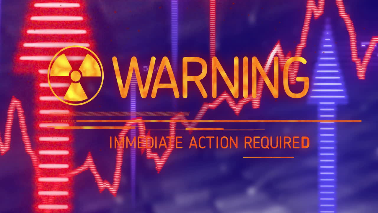 Radiation hazard symbol and warning text being displayed on high-contrast flat HUD with red charts