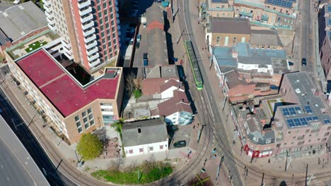 overhead aerial drone shot from london tram on tamworth road to croydon town centre