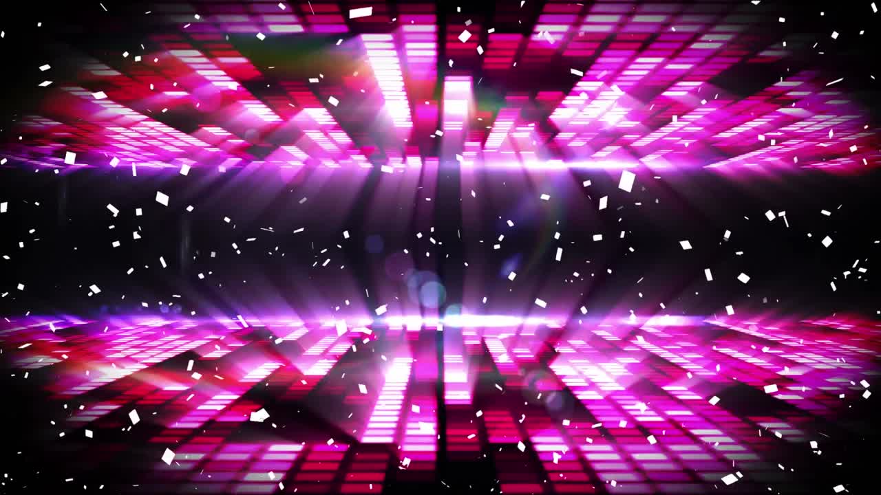 Animazione di coriandoli che cadono su equalizzatore musicale rosa luminoso