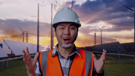 close up of asian male engineer with safety helmet smiling to camera and saying wow while standing with solar panel and wind turbines