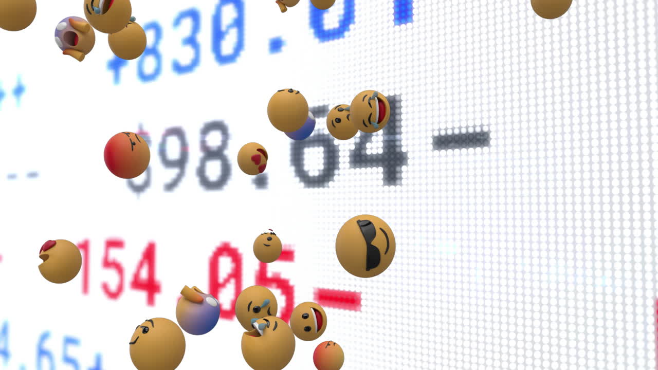 animación de iconos emoji flotando sobre el procesamiento de datos financieros de la bolsa de valores