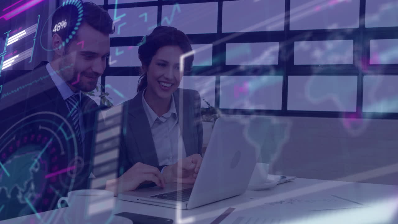 Business professionals collaborating on laptop with financial data animation overlay