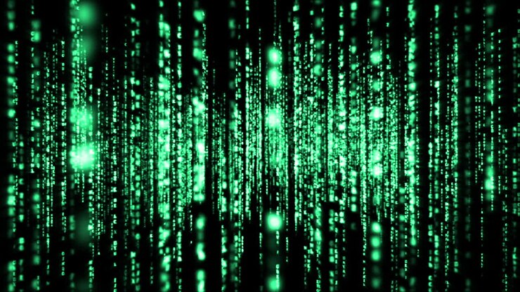Lines of turquoise blurred letters falling