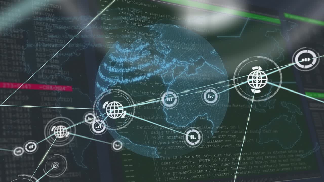 animación de la red de conexiones con iconos sobre el globo y el mapa del mundo con procesamiento de datos