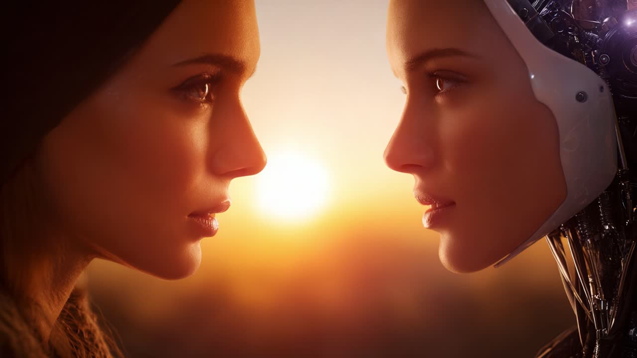 Un incontro incantevole tra umano e androide, che cattura l'essenza della dualità sullo sfondo della luce soffusa di un tramonto in un paesaggio futuristico
