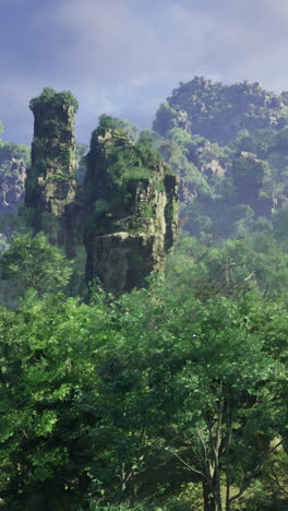 lush green forest with towering rock formations in a serene landscape