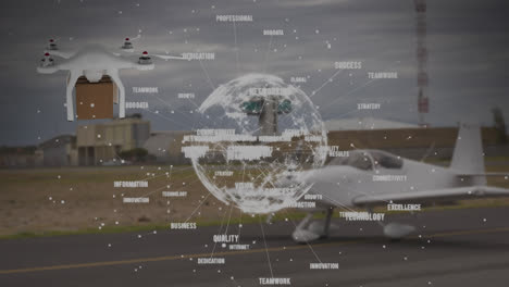 animation of network of connections over drone with parcel over airport apron