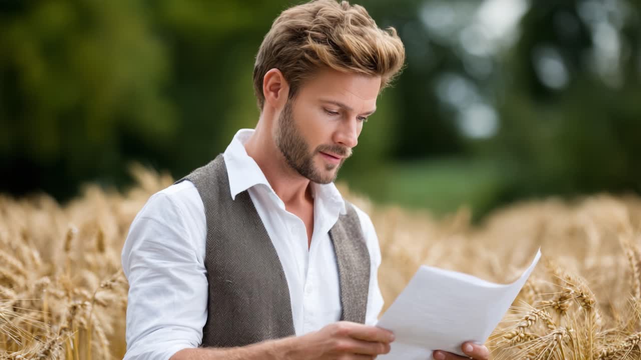 A Thoughtful Moment in Nature: A Man Reading a Paper While Surrounded by Golden Wheat Fields Capturing the Essence of Serenity and Reflection