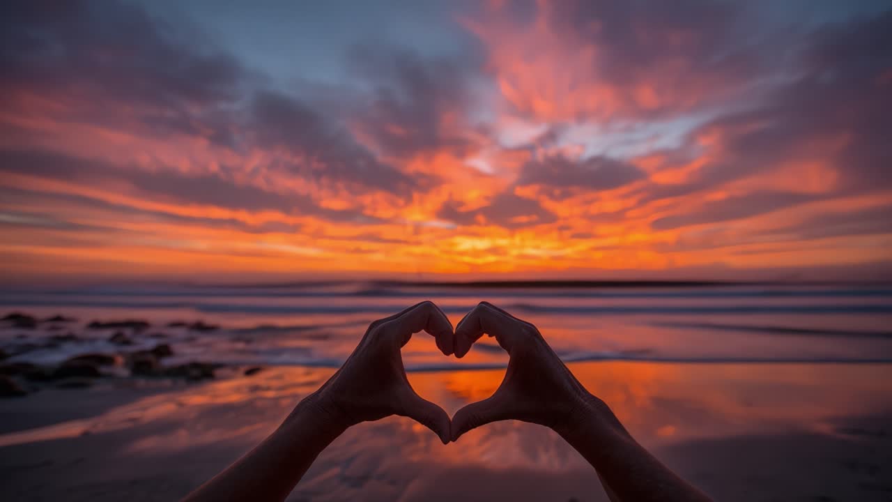 Um Lindo Pôr do Sol Sobre o Oceano, Capturado em Dois Quadros com Mãos Formando um Coração Contra um Céu Vibrante, Irradiando Amor e Serenidade