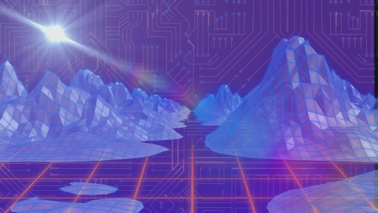 Animation of meteor crashing towards graphical mountains against electronic circuit board patterns