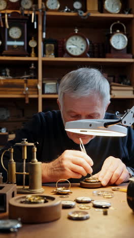 an elderly clockmaker meticulously repairing a timepiece in his workshop