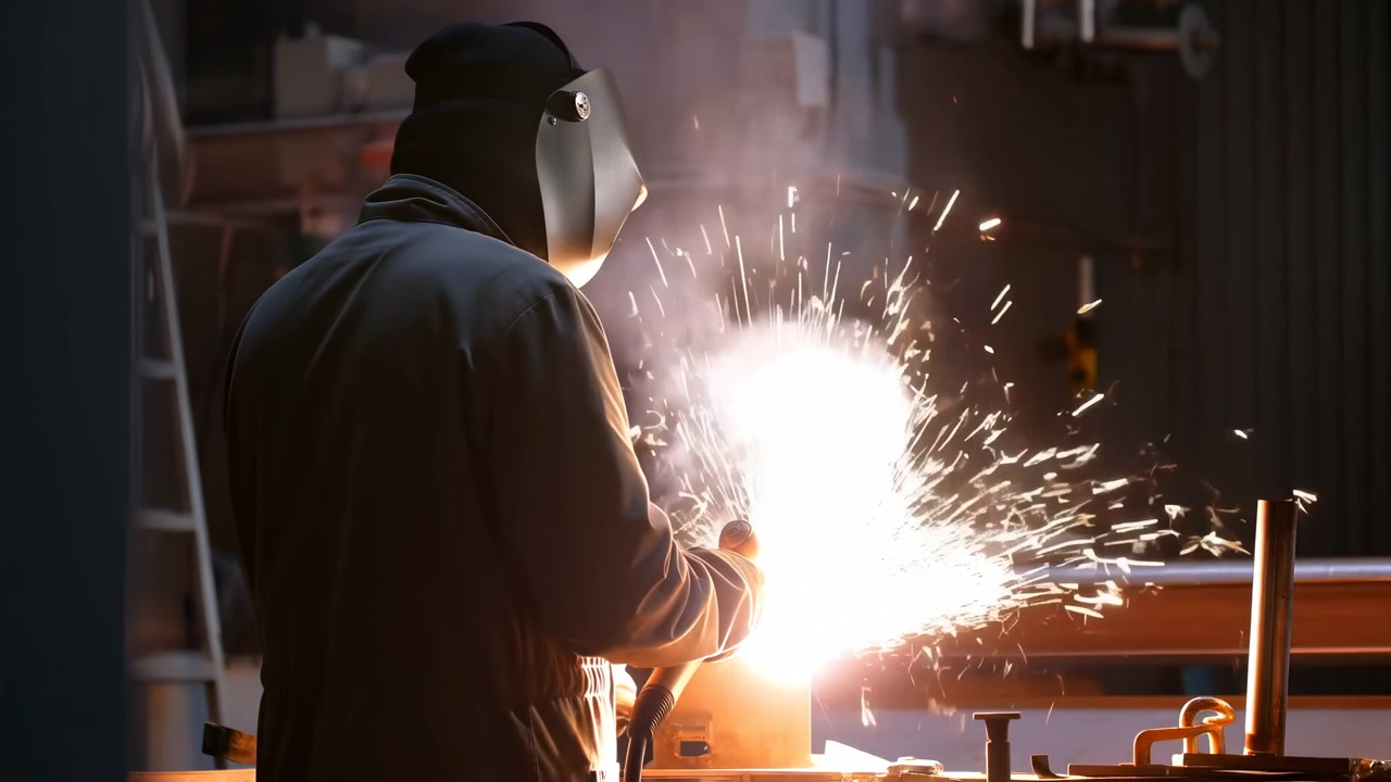 Welder In Dim Workshop Sparks Flying, Masked Operator Performs Welding On Steel Beam Using Torch, Bright