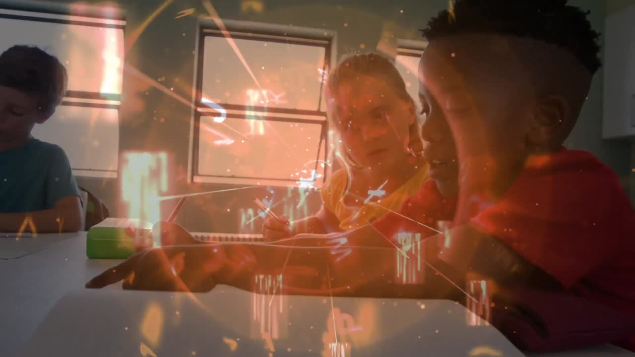 alfabetos flotando y girando contra diferentes niños y niñas estudiando juntos en clase en la escuela