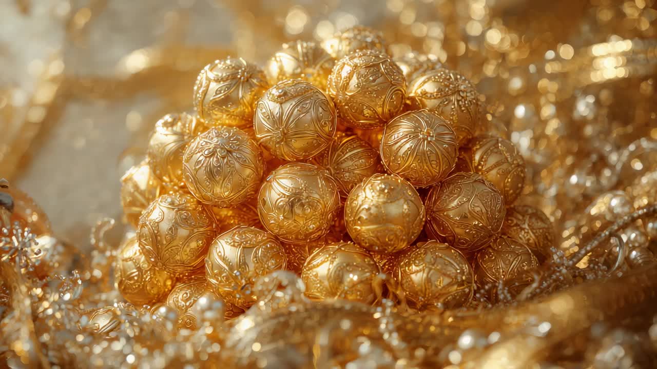 Shifting camera bringing ornate gold sphere pyramid into sharper focus on cloth, showcasing pearls